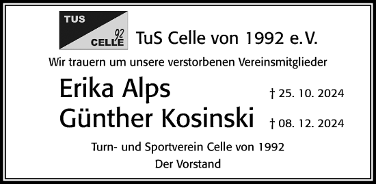 Traueranzeige von Nachruf Turn- und Sportverein Celle von 1992 von Cellesche Zeitung
