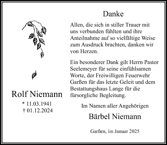 Traueranzeige von Rolf Niemann von Cellesche Zeitung