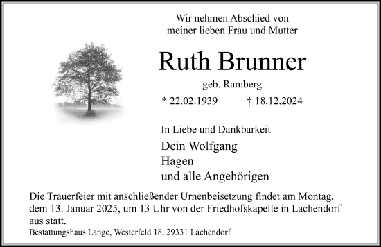 Traueranzeige von Ruth Brunner von Cellesche Zeitung
