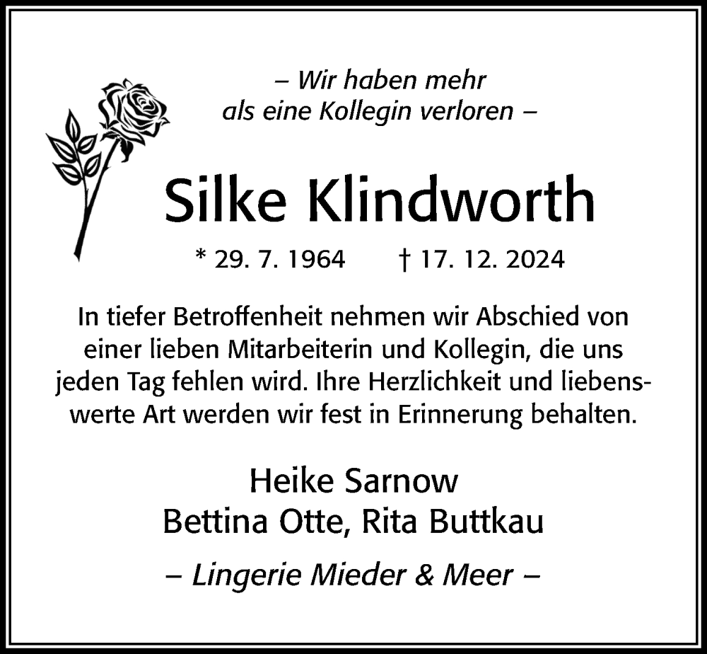  Traueranzeige für Silke Klindworth vom 18.01.2025 aus Cellesche Zeitung