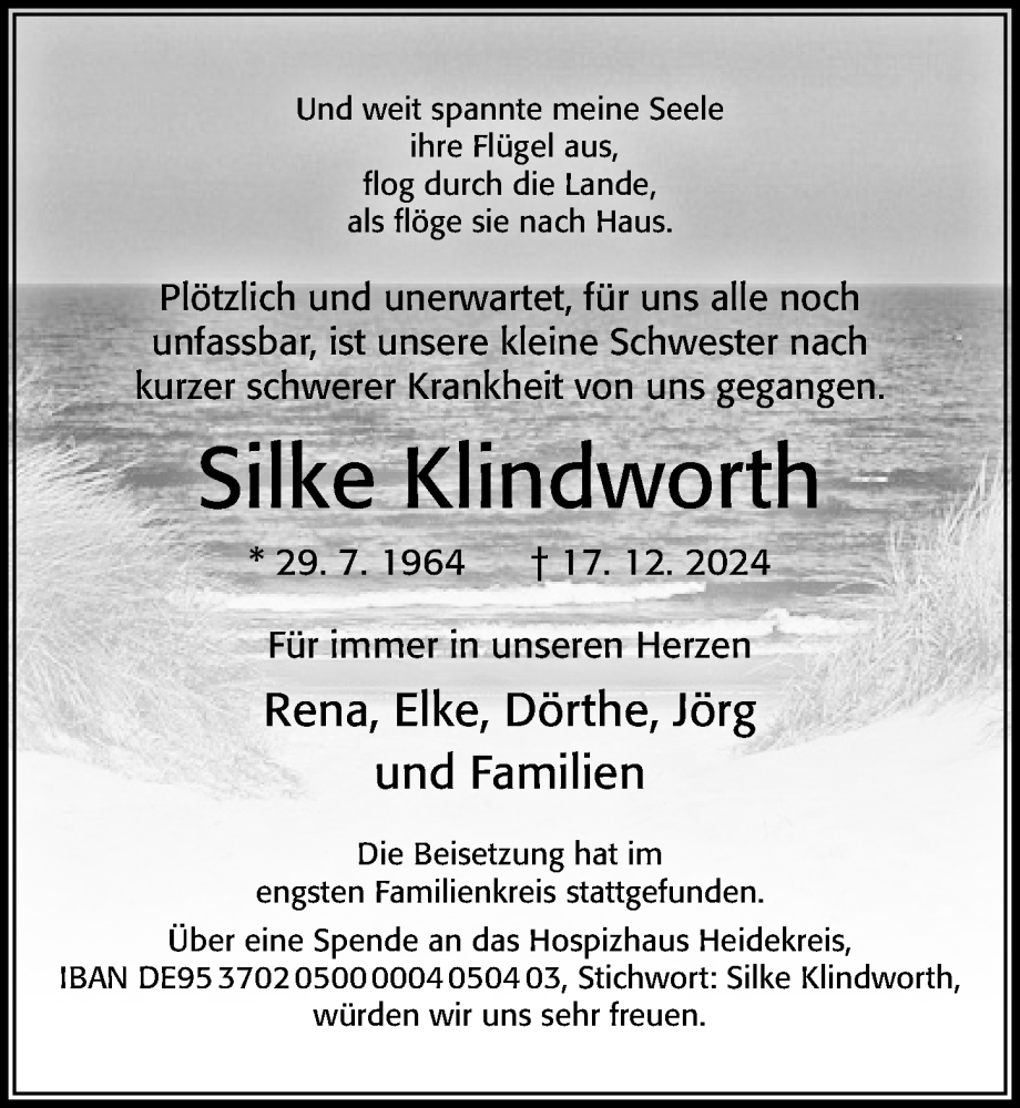  Traueranzeige für Silke Klindworth vom 18.01.2025 aus Cellesche Zeitung