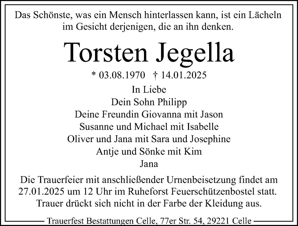  Traueranzeige für Torsten Jegella vom 22.01.2025 aus Cellesche Zeitung