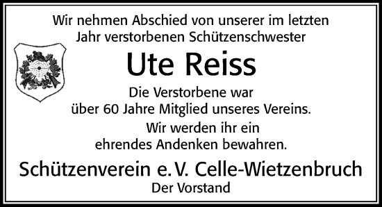 Traueranzeige von Ute Reiss von Cellesche Zeitung