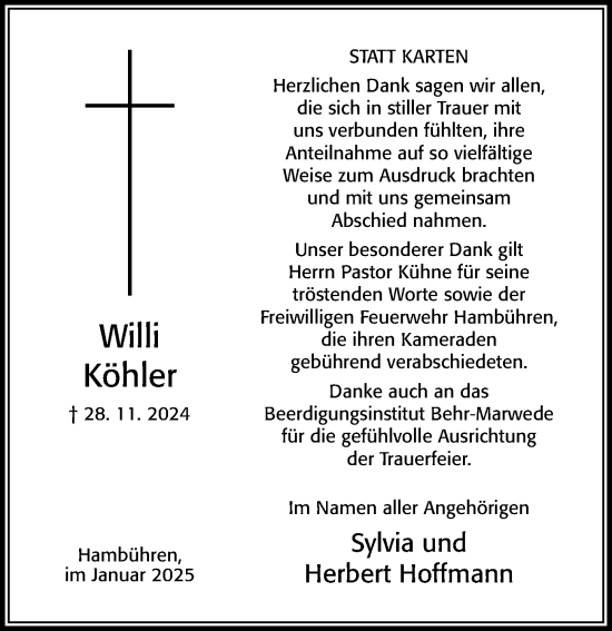 Traueranzeige von Willi Köhler von Cellesche Zeitung