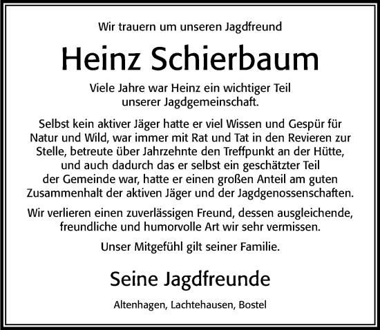Traueranzeige von Heinz Schierbaum von Cellesche Zeitung