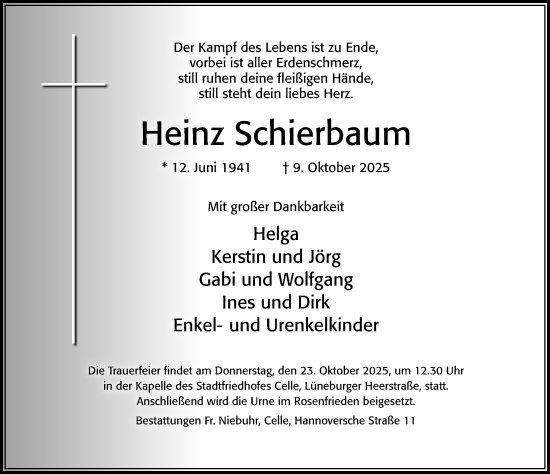 Traueranzeige von Heinz Schierbaum von Cellesche Zeitung