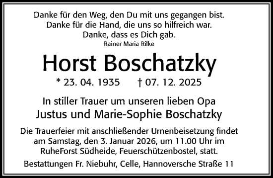 Traueranzeige von Horst Boschatzky von Cellesche Zeitung