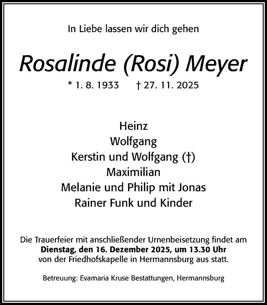  Traueranzeige für Rosalinde Meyer vom 06.12.2025 aus Cellesche Zeitung