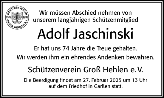 Traueranzeige von Adolf Jaschinski von Cellesche Zeitung