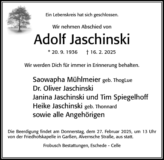 Traueranzeige von Adolf Jaschinski von Cellesche Zeitung