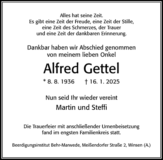 Traueranzeige von Alfred Gettel von Cellesche Zeitung