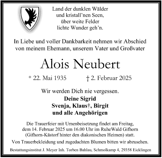 Traueranzeige von Alois Neubert von Cellesche Zeitung