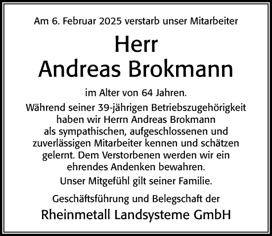 Traueranzeige von Andreas Brokmann von Cellesche Zeitung