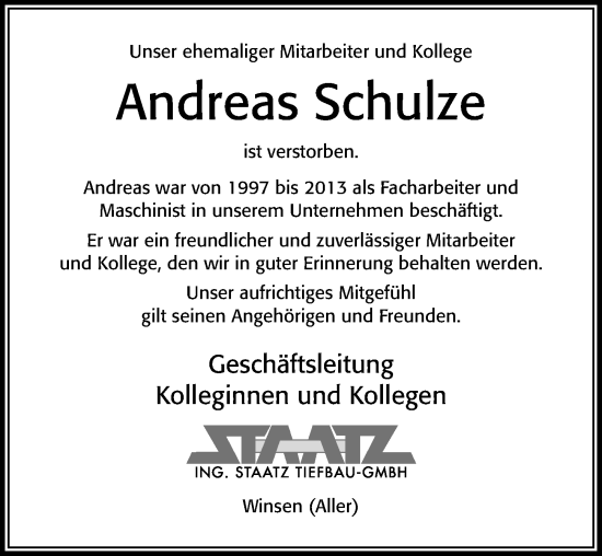 Traueranzeige von Andreas Schulze von Cellesche Zeitung