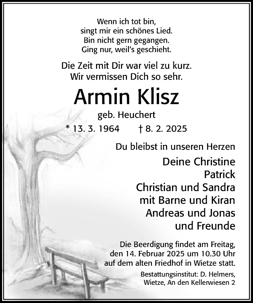  Traueranzeige für Armin Klisz vom 11.02.2025 aus Cellesche Zeitung