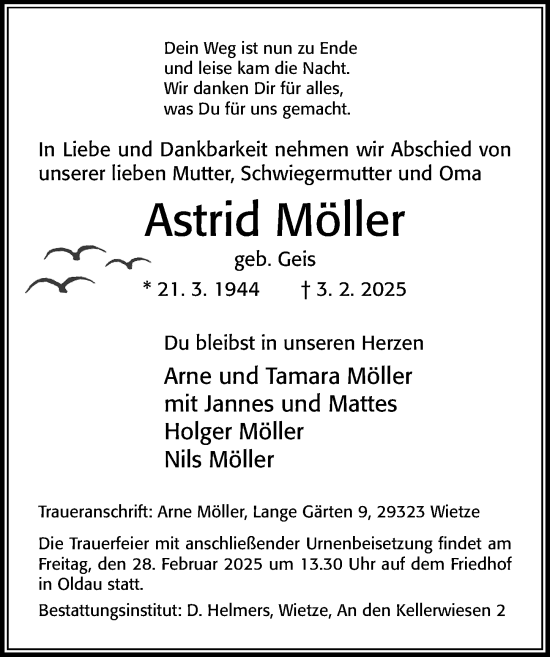 Traueranzeige von Astrid Möller von Cellesche Zeitung