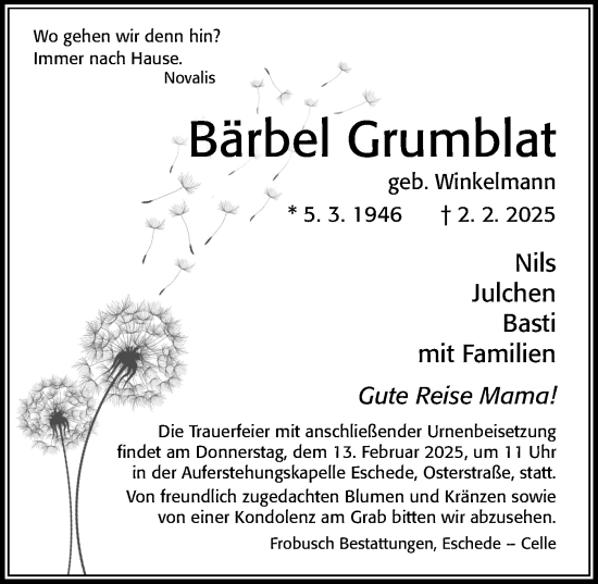 Traueranzeige von Bärbel Grumblat von Cellesche Zeitung