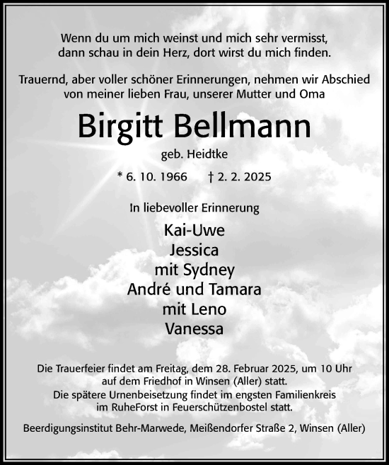 Traueranzeige von Birgitt Bellmann von Cellesche Zeitung