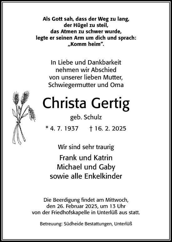 Traueranzeige von Christa Gertig von Cellesche Zeitung