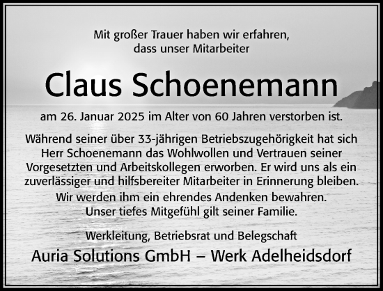 Traueranzeige von Claus Schoenemann von Cellesche Zeitung