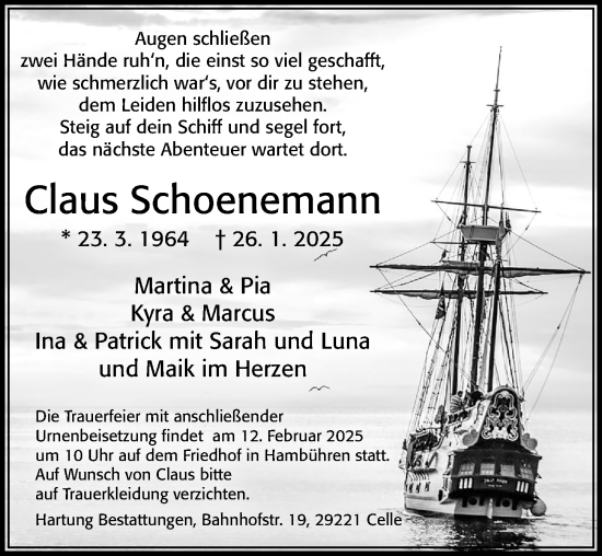 Traueranzeige von Claus Schoenemann von Cellesche Zeitung