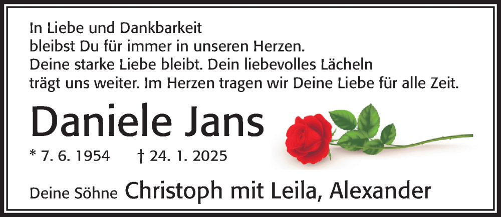  Traueranzeige für Daniele Jans vom 01.02.2025 aus Cellesche Zeitung