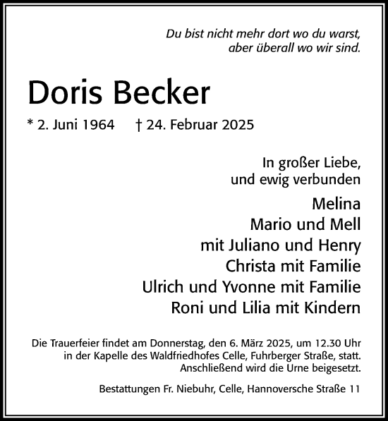 Traueranzeige von Doris Becker von Cellesche Zeitung
