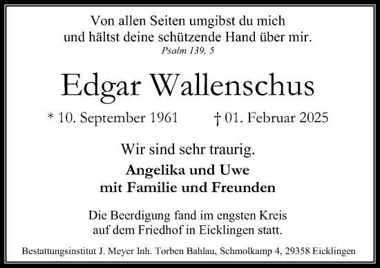 Traueranzeige von Edgar Wallenschus von Cellesche Zeitung