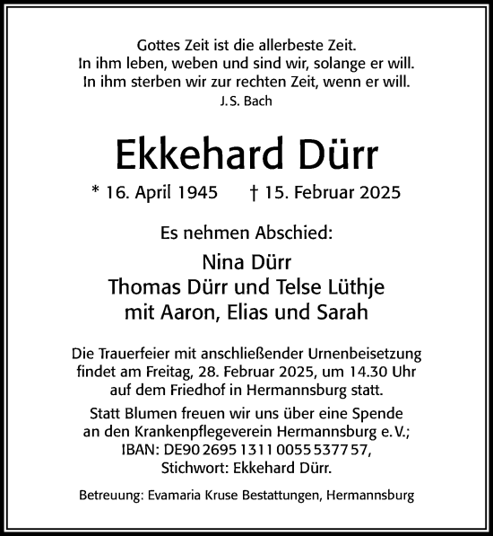 Traueranzeige von Ekkehard Dürr von Cellesche Zeitung