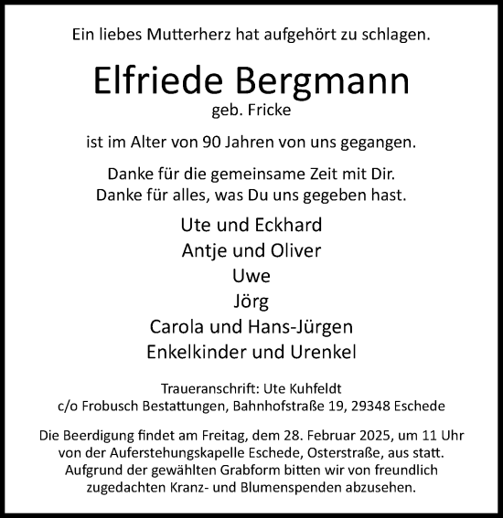 Traueranzeige von Elfriede Bergmann von Cellesche Zeitung