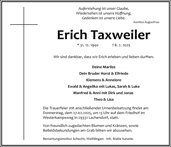 Traueranzeige von Erich Taxweiler von Cellesche Zeitung