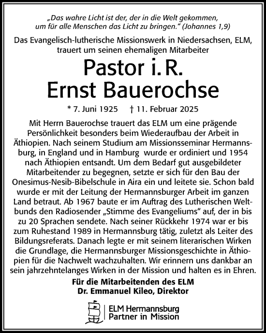 Traueranzeige von Ernst Bauerochse von Cellesche Zeitung