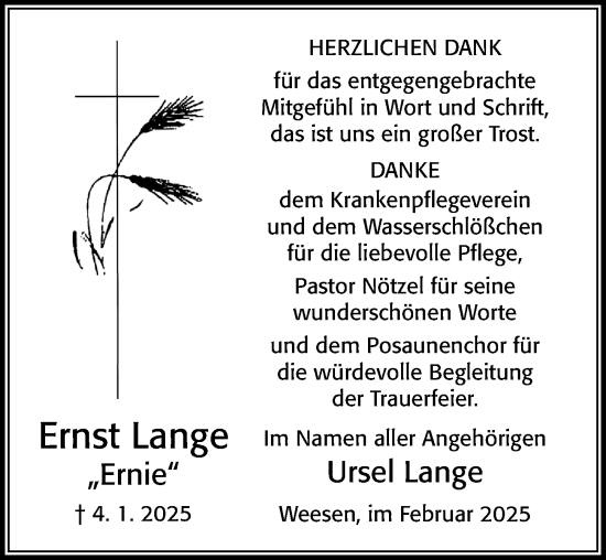 Traueranzeige von Ernst Lange von Cellesche Zeitung