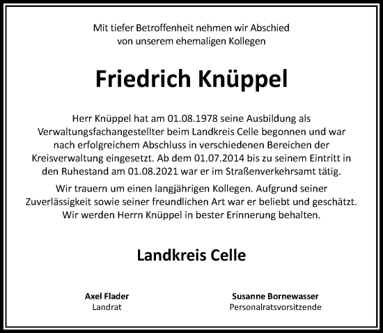 Traueranzeige von Friedrich Knüppel von Cellesche Zeitung