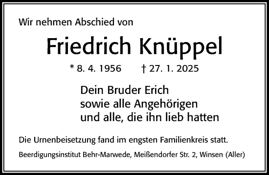 Traueranzeige von Friedrich Knüppel von Cellesche Zeitung