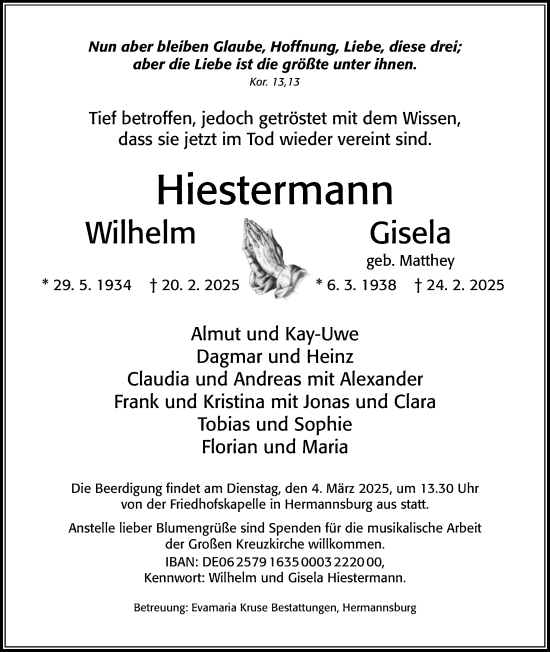Traueranzeige von Gisela Hiestermann von Cellesche Zeitung