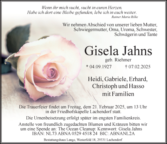Traueranzeige von Gisela Jahns von Cellesche Zeitung