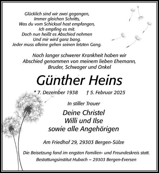 Traueranzeige von Günther Heins von Cellesche Zeitung