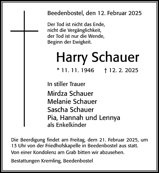 Traueranzeige von Harry Schauer von Cellesche Zeitung
