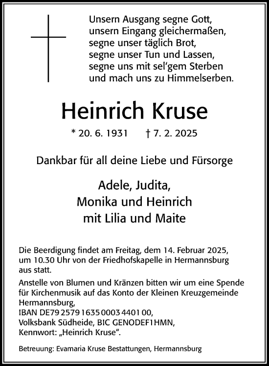 Traueranzeige von Heinrich Kruse von Cellesche Zeitung