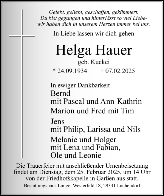 Traueranzeige von Helga Hauer von Cellesche Zeitung