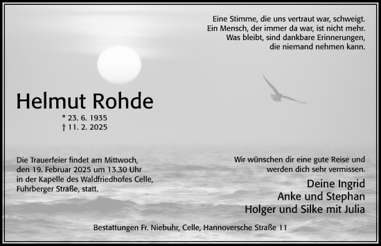 Traueranzeige von Helmut Rohde von Cellesche Zeitung
