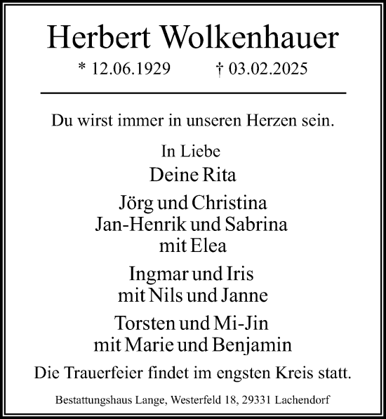 Traueranzeige von Herbert Wolkenhauer von Cellesche Zeitung