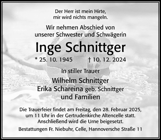 Traueranzeige von Inge Schnittger von Cellesche Zeitung