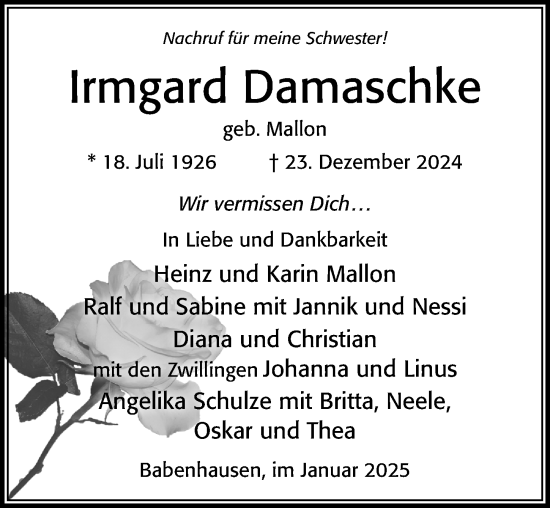 Traueranzeige von Irmgard Damaschke von Cellesche Zeitung