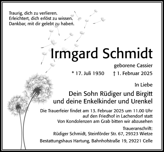 Traueranzeige von Irmgard Schmidt von Cellesche Zeitung