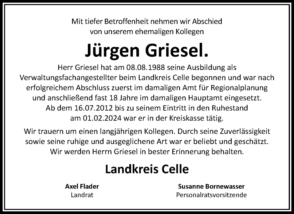  Traueranzeige für Jürgen Griesel vom 08.02.2025 aus Cellesche Zeitung