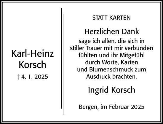 Traueranzeige von Karl-Heinz Korsch von Cellesche Zeitung