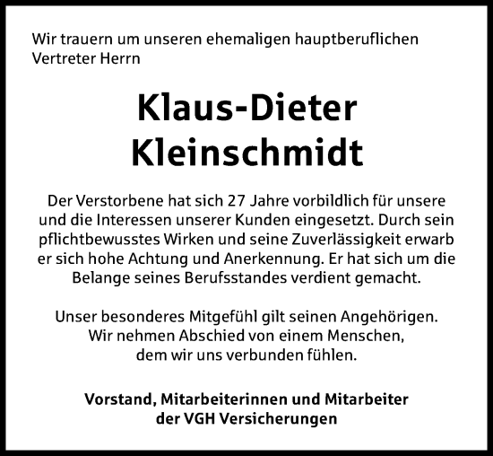 Traueranzeige von Klaus-Dieter Kleinschmidt von Cellesche Zeitung