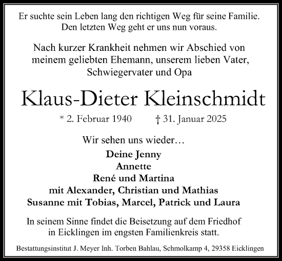 Traueranzeige von Klaus-Dieter Kleinschmidt von Cellesche Zeitung